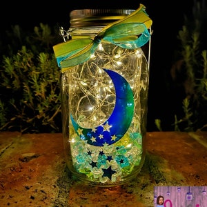 Farmhouse solar outdoor moon light up mason jar, celestial solar fairy lantern, birthday gift for her, garden lights, backyard decor, mom