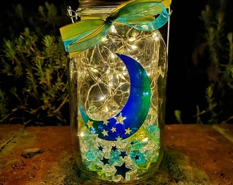 Farmhouse solar outdoor moon light up mason jar, celestial solar fairy lantern, birthday gift for her, garden lights, backyard decor, mom