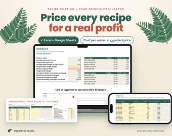 May include: A digital recipe costing and food pricing calculator displayed on a laptop and smartphone screen. The interface shows dashboards, ingredient lists, and profit margins with text including Price every recipe for a real profit.