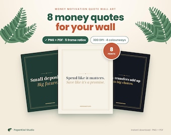 Money Quote Wall Art Printable, Set of 8 Typography Finance Motivation Posters, Office Decor, Saving Quotes, Digital Download PNG PDF