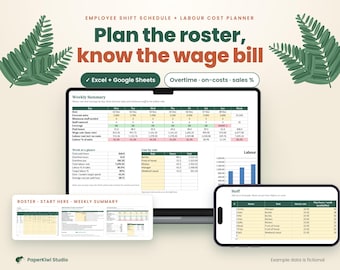 Employee Shift Schedule Template, Weekly Rota & Labour Cost Planner, Overtime Calculator, Staff Roster Spreadsheet for Small Business
