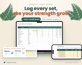 Workout Tracker Spreadsheet, Gym Log with Sets Reps Weight, 1RM Calculator, Body Measurements, Google Sheets & Excel, kg lb