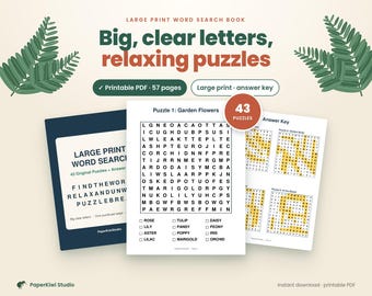 May include: A large print word search book featuring 43 puzzles in a printable PDF format. The cover and sample pages display clear black text on white backgrounds, including a garden flowers puzzle and an answer key with highlighted words.