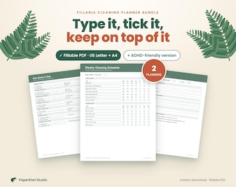May include: A digital cleaning planner bundle featuring three white pages with dark green headers and text. The text reads: Fillable Cleaning Planner Bundle, Type it, tick it, keep on top of it, Fillable PDF, US Letter + A4, ADHD-friendly version, 2 Planners.