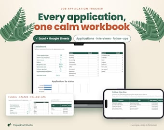 May include: A digital job application tracker workbook displayed on a laptop and smartphone screen. The interface features a dashboard with tables for application status, sources, and follow-ups, using green and white color schemes.