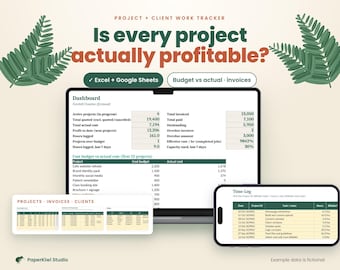 May include: A digital project and client work tracker template for Excel and Google Sheets. The display shows a dashboard with financial data, a time log, and project lists. Text includes Project + Client Work Tracker, Is every project actually profitable?, Dashboard, and Time Log.