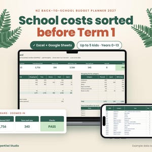 May include: A digital budget planner for school costs displayed on a laptop and smartphone screen. The interface features tables for shopping lists, fees, and donations, with text reading NZ Back-to-School Budget Planner 2027 and School costs sorted before Term 1.