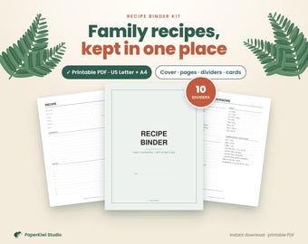 Recipe Binder Kit Printable, Recipe Page Template, 4x6 Recipe Cards, Dividers, Cover, Conversion Chart, Letter & A4 PDF