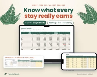 May include: A digital short-term rental host tracker displayed on a laptop and smartphone screen. The interface shows a monthly summary table with columns for nights booked, guest total, platform fees, net payouts, expenses, and profit.