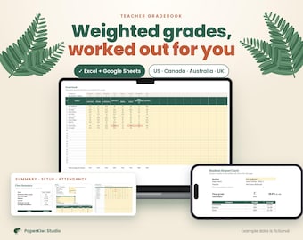 May include: A digital teacher gradebook template for Excel and Google Sheets displayed on a laptop and smartphone. The interface features weighted grade calculations, class summaries, attendance tracking, and student report cards with green and cream color schemes.
