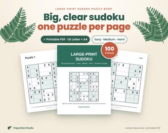 Large Print Sudoku Book Printable PDF, 100 Puzzles Easy Medium Hard with Answers, Letter and A4, Seniors Gift