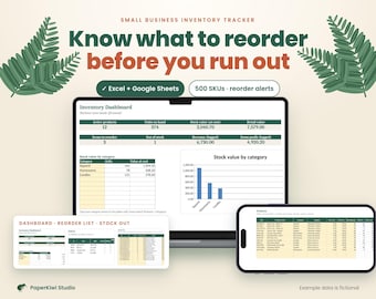 May include: A digital small business inventory tracker displayed on a laptop, smartphone, and tablet screen. The dashboard features tables and charts for stock value, units on hand, and reorder alerts, compatible with Excel and Google Sheets.