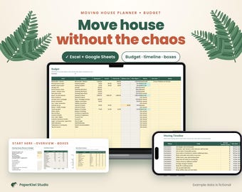 May include: A digital moving house planner and budget template displayed on a laptop, a smartphone, and a small tablet. The interface features tables for budget tracking and a moving timeline with green and cream headers. Text includes Move house without the chaos.
