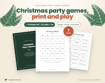 May include: A Christmas party games bundle featuring printable PDF sheets in US Letter and A4 sizes. The set includes seven games such as Bingo, trivia, and charades, with a dark green cover sheet and white game cards with black text.