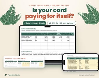 May include: A digital credit card points and rewards tracker spreadsheet displayed on a laptop and smartphone screen. The interface features a rewards summary table, transaction logs, and the text Is your card paying for itself? with fern graphics.