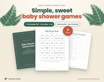 May include: A digital baby shower games pack featuring a dark green cover page, a Baby Shower Bingo card, and a How Well Do You Know Mum question sheet. The text includes Baby Shower Games Pack, Simple, sweet baby shower games, and 7 Games.