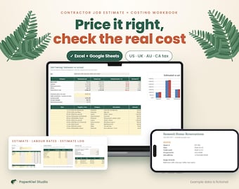 Contractor Estimate Template Excel Google Sheets | Job Costing Spreadsheet, Materials Labour Markup | Client Quote with Tax Switch