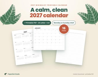 2027 Printable Calendar Minimalist, Monthly Calendar 2027 PDF, Year at a Glance, Letter & A4, Sunday and Monday Start