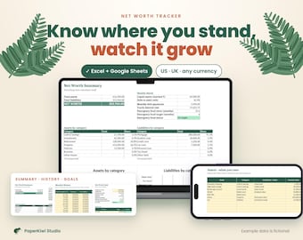 May include: A digital net worth tracker spreadsheet template for Excel and Google Sheets. The display shows a summary dashboard with asset and liability categories, a health check section, and a mobile view of asset tracking data.