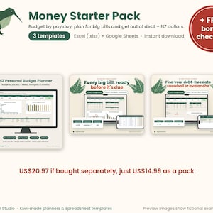 Op de afbeelding: Een digitaal financieel startpakket met drie budgettemplates voor Excel en Google Sheets. De set bevat een persoonlijke budgetplanner voor Nieuw-Zeeland, een factuurtracker en een schuldaflossingscalculator, getoond op diverse schermen.