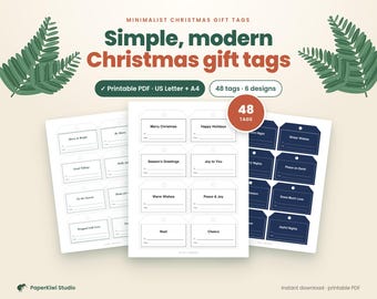 Minimalist Christmas Gift Tags Printable, 48 Text Only Holiday Tags, 6 Modern Designs, To From Tags, Letter and A4 PDF