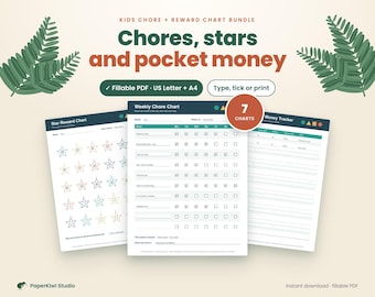 May include: A digital bundle of three printable charts featuring a Star Reward Chart, a Weekly Chore Chart, and a Money Tracker. The text reads Kids Chore + Reward Chart Bundle, Chores, stars and pocket money, Fillable PDF, US Letter + A4, Type, tick or print, 7 Charts, and PaperKiwi Studio.