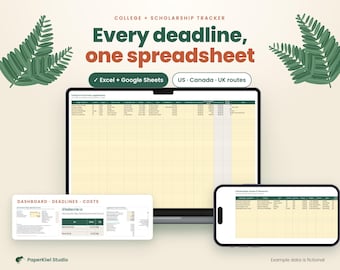May include: A digital college and scholarship tracker spreadsheet displayed on a laptop screen and a smartphone. The interface features columns for deadlines and costs, with text reading College + Scholarship Tracker, Every deadline, one spreadsheet, Excel + Google Sheets, US · Canada · UK routes, Dashboard · Deadlines · Costs, and PaperKiwi Studio.