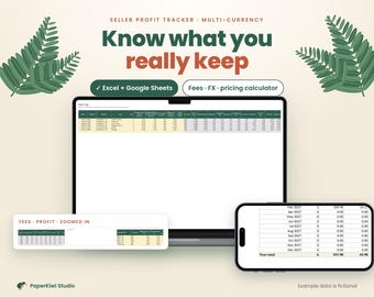 May include: A digital seller profit tracker displayed on a laptop and smartphone screen. The interface includes columns for fees, FX, and pricing calculations. Text reads: Seller Profit Tracker - Multi-Currency, Know what you really keep.