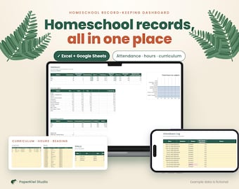 May include: A digital homeschool record-keeping dashboard displayed on a laptop and smartphone screen. The interface features tables for attendance, hours, and curriculum tracking, with text reading Homeschool records, all in one place.