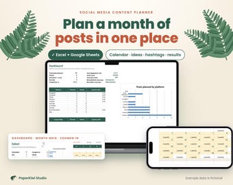 May include: A social media content planner displayed on a laptop screen, a smartphone, and a small rectangular preview. The text reads: Social Media Content Planner, Plan a month of posts in one place, Excel + Google Sheets, Calendar, ideas, hashtags, results.