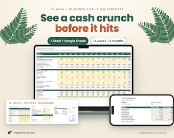 May include: A digital cash flow forecast template for Excel and Google Sheets displayed on a laptop and smartphone screen. The interface shows a 13-week and 12-month financial dashboard with tables, rows, and columns for tracking business income and expenses.