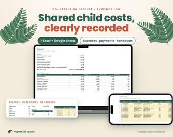 May include: A digital co-parenting expense and evidence log template for Excel and Google Sheets. The display shows a summary dashboard, expense categories, and a detailed log on a laptop and smartphone screen with green fern graphics.