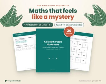 Kids Math Puzzle Worksheets Printable PDF, 30 Code Crackers and Number Paths, Ages 6-9, Answers Included, Letter and A4