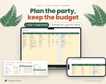 May include: A digital party and event budget planner displayed on a laptop, smartphone, and tablet screen. The interface features spreadsheets for event budgets, guest lists, and RSVPs with text including Plan the party, keep the budget.