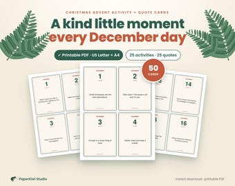 Printable Christmas Advent Cards, 25 Activity Cards and 25 Quote Cards, Minimalist December Countdown, Family Advent Activities PDF