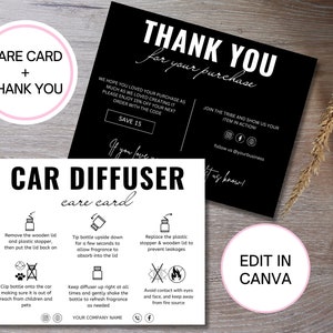 Car Diffuser Care Card Editable Template Set, Car Diffuser Care Guide Canva Template, Car Air Freshener Instructions Business Thank You Card