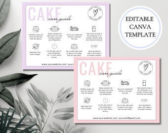 Plantilla editable de tarjeta de cuidado de pasteles, tarjeta de instrucciones de cuidado de pasteles, plantilla Canva de guía de cuidado de pasteles, tarjeta de cuidado de pasteles de boda, tarjeta de visita de panadería