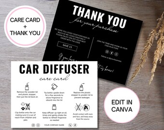 May include: Black and white care card for a car diffuser. The card has instructions on how to use and care for the diffuser, including how to remove and replace the lid, how to clip the diffuser to the car, and how to avoid contact with eyes. The card also includes the company name and social media icons.
