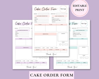 Puede incluir: Plantilla de formulario de pedido de pastel imprimible con secciones para la información del cliente, los detalles del evento, el sabor del pastel, el relleno, la cobertura y el método de pago. El formulario tiene un esquema de color rosa y azul y dice "Cake Order Form" en la parte superior.