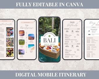 Travel Itinerary Template Digital Editable Travel Planner, Mobile Vacation Itinerary Travel Guide Trip Organizer Canva Travel Schedule