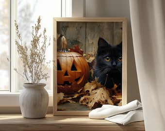 Black Cat Halloween Print: Pumpkin in Autumn Leaves, Rustic Cottagecore Art (Digital Download