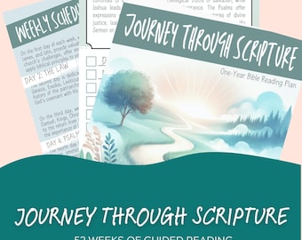 May include: A teal blue graphic with the text "Journey Through Scripture" and "52 Weeks of Guided Reading". The graphic features a watercolor illustration of a winding path through a forest with a sunrise in the background.