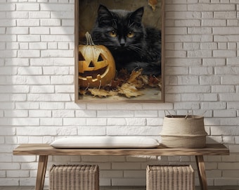 Black Cat Halloween Print: Vintage Jack O'Lantern Cottagecore Art (Digital Download