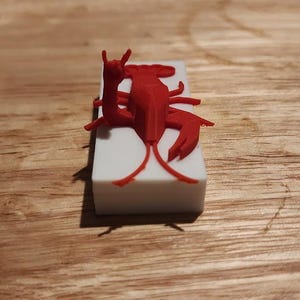May include: A red 3D-printed crawfish figurine atop a white rectangular base. The crawfish is detailed with claws, antennae, and a segmented body. The figurine is set against a wooden surface.