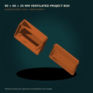May include: A 90 x 60 x 25 mm ventilated project box in a burnt orange color. The set includes two rectangular plastic components with internal mounting posts and ventilation slots. Text on the image reads 90 x 60 x 25 MM VENTILATED PROJECT BOX.
