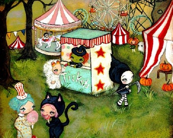 Carnival Print Carousel Art  Haunted House Ferris Wheel Candy Corn Clown Witch Wall Art---Halloween Carnival