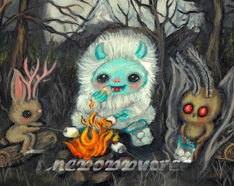 cryptid print camping art yeti print mothman art print pop surrealism 10 x 8 wall decor campfire art jackalope print animal prints