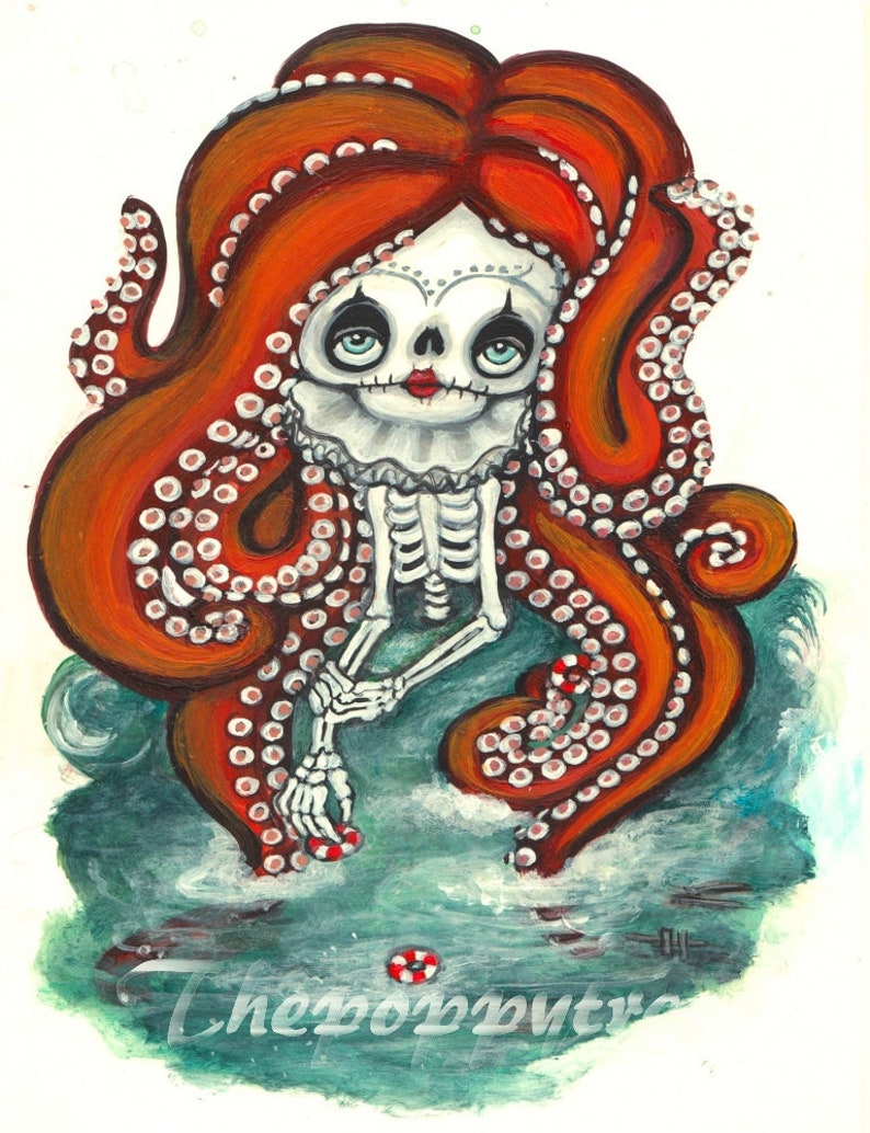 Octopus cryptid clown girl nautical eaten sailors Art Drawlloween Print