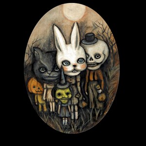 Vintage spooky skeleton black cat Trick Or Treating Print 5 x 7