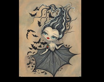 Bride of Frankenstein Art Print: Tattooed Lady, Bat Pop Surrealism (8x10)